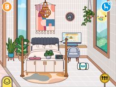 a room with a bed, desk and potted plants