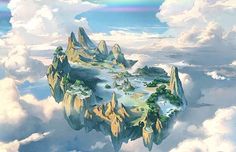 an island in the sky with mountains and trees on it, surrounded by fluffy clouds