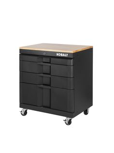 With heavy-duty construction and a powder-coated finish, this cabinet offers a durable storage solution for your garage. The 4-drawer base cabinet comes fully assembled...you only need to attach the casters, which are included. Each drawer has a weight capacity of 75lbs. the drawers are lockable for peace-of-mind security. We have included a 3/4in wood top for working on projects, crafts, etc. complete your garage suite with other pieces like the work table, small base cabinet, or a wall cabinet (each sold separately). Dimensions are 32.8-inches H, 28-inches W, and 18.5-inches D. Kobalt 28-in W x 32.8-in H x 18.5-in D Freestanding Steel Garage Cabinet in Black | 19200 Garage Cabinets Ideas, Garage Suite, Freestanding Garage, Spiderman Room, Storage Shed Organization, Garage Cabinet, Shed Organization, Steel Garage, Corporate Office Design