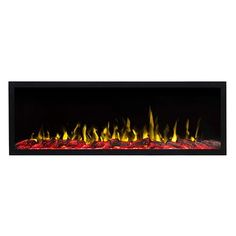 an electric fireplace with yellow and red flames