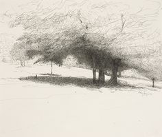 an ink drawing of three trees in a field with snow on the ground behind them