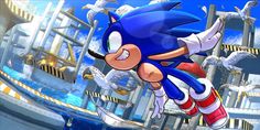 sonic the hedgehog is flying through the air in front of seagulls and birds