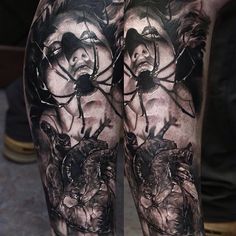 the legs are decorated with tattoos and pictures of people in black and grey inks