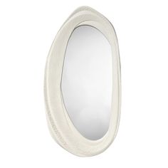 a white oval mirror with wavy lines on the edge and bottom, against a white background