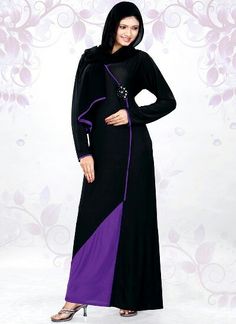 Supernal Black Abaya in Silk Fabric with Purple Lace Strips Lavender Abaya, Islamic Dress For Women, Designer Kaftan, Islamic Wear, Moroccan Kaftan Dress, Indian Bridal Sarees