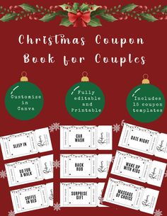 christmas coupon book for couples is shown with the words, holiday coupons and other items