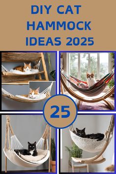 four different pictures of cats laying in hammockes with text overlay that reads 25 diy cat hammock ideas