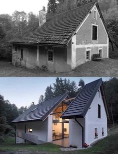 before and after photos of a house in the woods