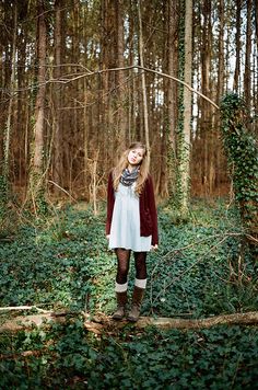 fall layering White Dress Fall Outfit, White Dress With Boots, Sweater And Dress Outfit, Tights Boots, Fall Session, Fall Layering, Denim Boots, Fall Layers, Red Cardigan