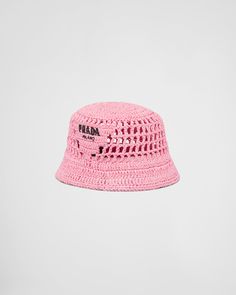 Embroidered lettering logo Prada Raffia, Raffia Bucket Hat, Iconic Accessories, Prada Hat, Streetwear Inspiration, Bucket Hat Women, Crochet Bucket, Crochet Bucket Hat, Lettering Logo