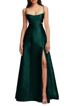 Gown With Pockets, Alfred Sung, Evening Dress Floor Length, Looks Party, Grad Dresses, Satin Gown, A Line Gown, Custom Dresses, Dream Dress