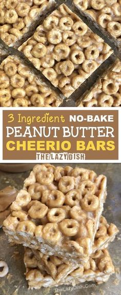 three ingredient no - bake peanut butter cheerio bars stacked on top of each other