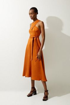 Premium Linen Tailored Halterneck Full Skirted Midi Dress | Karen Millen Tan Linen Dress Outfit, Linen Bridesmaid Dress, Linen Dress Outfit, Hen Do Outfits, Workwear Capsule Wardrobe, Classic Midi Dress, Outfits For Mexico, Spring Wedding Guest Dress, Casual Work Dresses