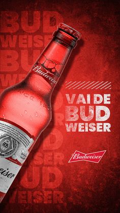 a bottle of budweiser on a red background