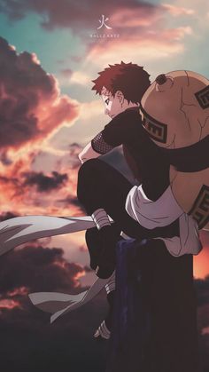 an anime character holding onto another character in front of a cloudy sky with the sun setting behind him