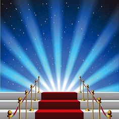 an image of a red carpeted staircase with rope railings and stars in the sky