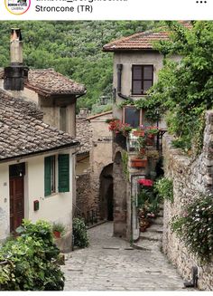 an alley way with flowers and potted plants on the side, surrounded by stone buildings