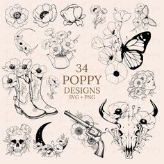 an image of flowers and skulls with the words poppy designs