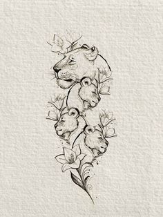 an ink drawing of two bears with flowers and leaves on the bottom half of their body