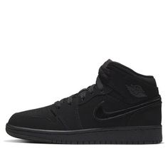 (GS) Air Jordan 1 Mid 'Triple Black' 554725-056 (AJ1/SNKR/Retro/Mid Top/Basketball) Black Mid-top Sneakers For Sports, Black Mid-top Sneakers For Sports Events, Black Jordan Shoes For Sports Events, Nike Air Force 1 High-top For Sports, Black Nike Air Force 1 Breathable Sporty, Black Mid-top Basketball Shoes, Black High-top Basketball Sneakers, Black High-top Sneakers For Basketball, Sporty Black High-top Basketball Sneakers