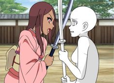 an animated image of two people holding swords