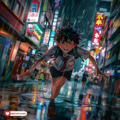 an anime character is running through the rain in front of neon signs and buildings on a city street