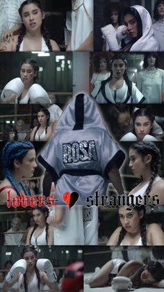 the collage shows many different images of women in white outfits and one woman with blue hair