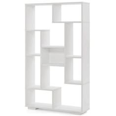 a white bookcase with four shelves on each side