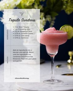 a pink cocktail with a lime garnish on the rim and a menu for tequila sundaes