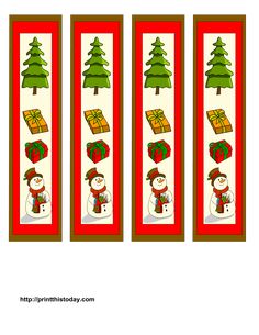 three christmas bookmarks with snowmen and presents on them, all decorated in red and green