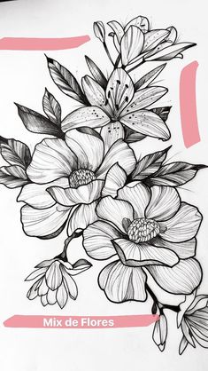 a black and white drawing of flowers on a piece of paper with the words mix de flores