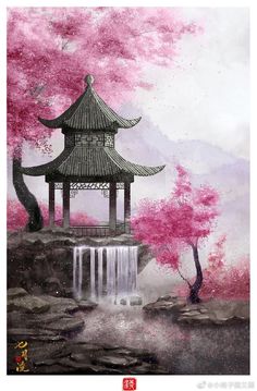 a painting of a pagoda and waterfall with pink trees in the background