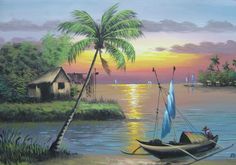 a painting of a boat on the water with palm trees