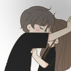 two people are hugging each other in front of a white background and one person has long brown hair