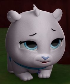 an animated white bear with blue eyes standing on green grass and looking at the camera