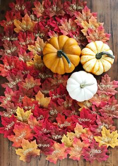 fall leaves and pumpkins are arranged on a wooden surface with words written in the center