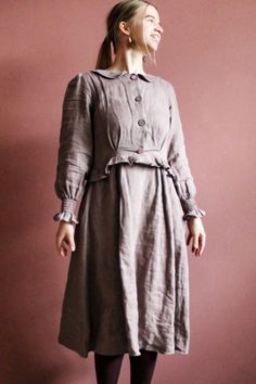 Boho Wedding Dress with long sleeves | Linen dress for women | Easter midi dress | Minimalist Wedding Dress | Modest Dress Fall Linen Button-up Dress, Casual Brown Long Sleeve Linen Dress, Fall Linen V-neck Dress, Button-up Linen Dress With Pockets, Spring Folk-style Linen Embroidered Dress, Minimalist Dresses, Modest Wedding Dresses