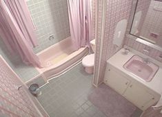 a small bathroom with pink and green tiles on the shower, toilet, sink and bathtub