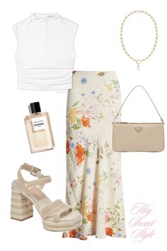 white mock neck, floral satin maxi skirt, + platform pearl heels 12 spring outfit ideas Pearl Heels, White Mock Neck, Satin Maxi Skirt