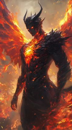 a demonic demon standing in front of a fire filled sky with fiery wings and horns