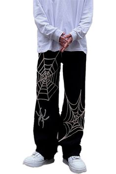 Straight Black Unisex Pants Polyester Elasticated Spider Web Print Spider Clothes Aesthetic, Bleach Pants Design, Spider Web Pants, Spider Aesthetic, Emo Pants, Aesthetic Pants, Bleach Shirt Diy, Skull Pants, Custom Pants