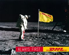 an astronaut walking on the moon next to a yellow flag with red and white stripes