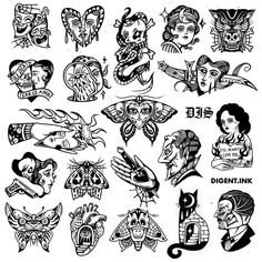 an old school tattoo flash sheet with different designs and tattoos on the back of their heads