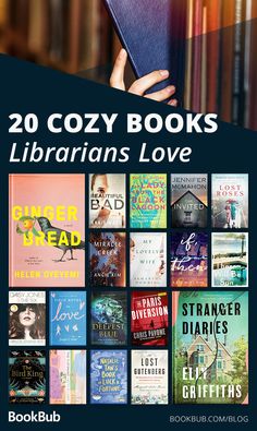 the book cover for 20 cozy books librarians love, with images of books on them