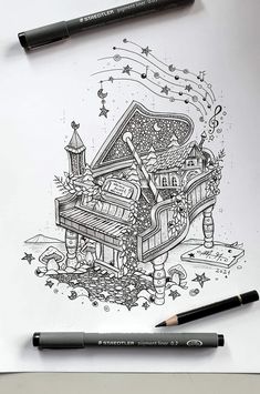 a black and white drawing of a grand piano with stars around it, on top of a sheet of paper