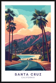 a poster with palm trees on the side of a road and mountains in the background