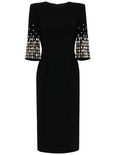 black crystal embellishment round neck concealed rear zip fastening shoulder pads half-length sleeves fitted waistline mid-length straight hem Sari Outfits, Black Midi Dresses, Oscar Fashion, Business Attire Women, Embellished Midi Dress, Formal Occasion Dress, Valentino Red, Cocktail Gowns, Black Party Dresses