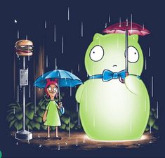 a cartoon character holding an umbrella next to a giant green monster with eyes and nose