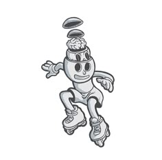 a drawing of a robot riding a skateboard with an object on top of his head