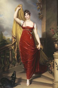 Hon. Mrs Thomas Hope, Full Face in a Red Velvet Dress, by Henry Bone 1813 19th Century Dresses, 19th Century Dress, Regency Gown, Regency Era Fashion, Dress Painting, Century Dress, Regency Dress, Regency Fashion, Red Velvet Dress